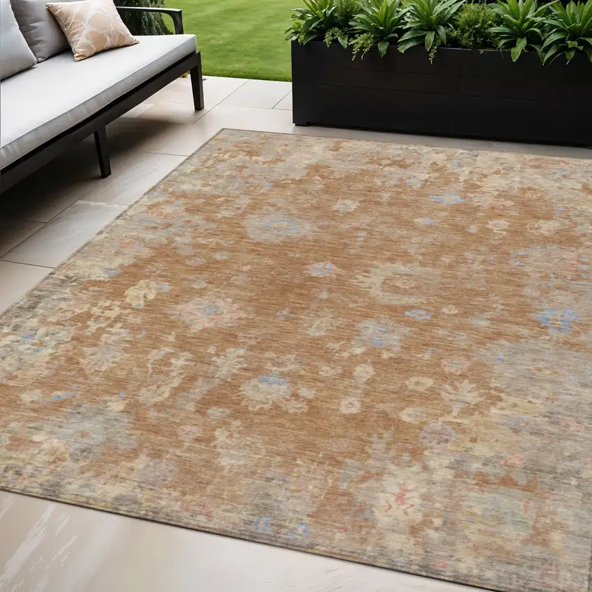 Copper And Beige Floral Washable Indoor Outdoor Area Rug Photo 1