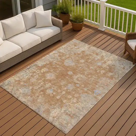 Copper And Beige Floral Washable Indoor Outdoor Area Rug Photo 8