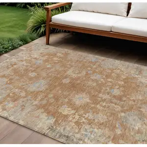 Photo of Copper And Beige Floral Washable Indoor Outdoor Area Rug
