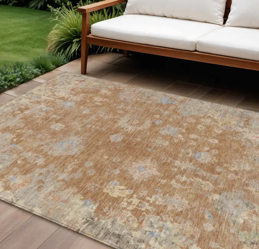 Copper And Beige Floral Washable Indoor Outdoor Area Rug Photo 1