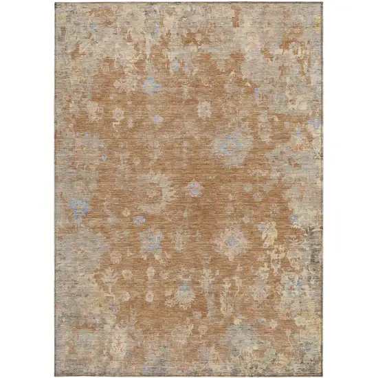 Copper And Beige Floral Washable Indoor Outdoor Area Rug Photo 5