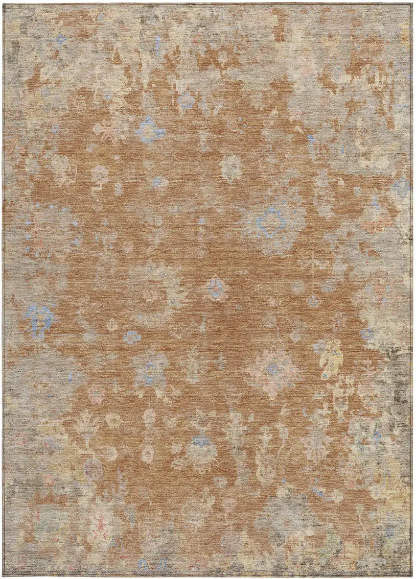 Copper And Beige Floral Washable Indoor Outdoor Area Rug Photo 5