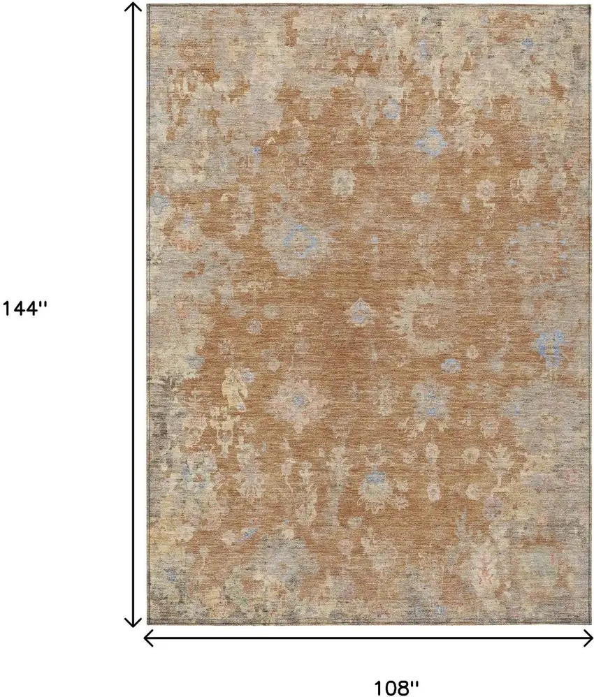 Copper And Beige Floral Washable Indoor Outdoor Area Rug Photo 3