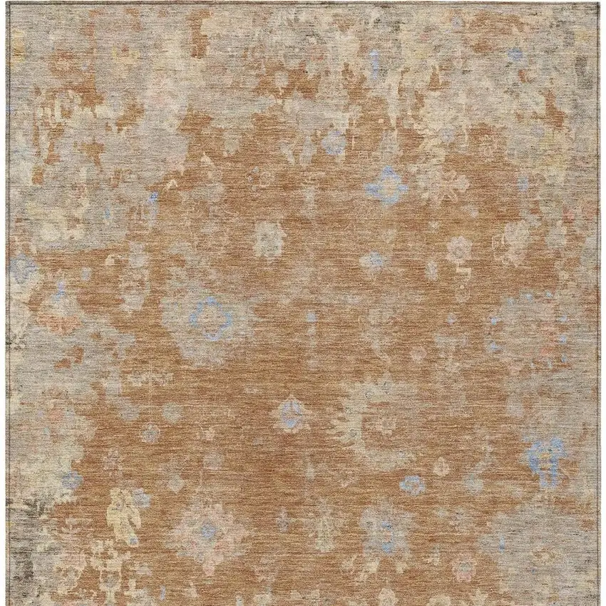 Copper And Beige Floral Washable Indoor Outdoor Area Rug Photo 4