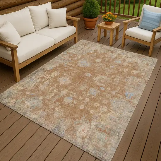 Copper And Beige Floral Washable Indoor Outdoor Area Rug Photo 9