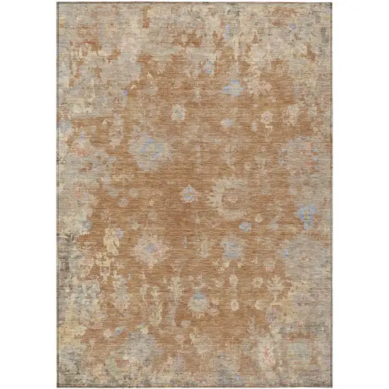 Copper And Beige Floral Washable Indoor Outdoor Area Rug Photo 2