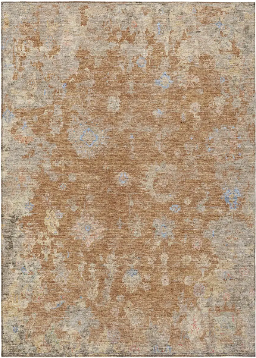 Copper And Beige Floral Washable Indoor Outdoor Area Rug Photo 2