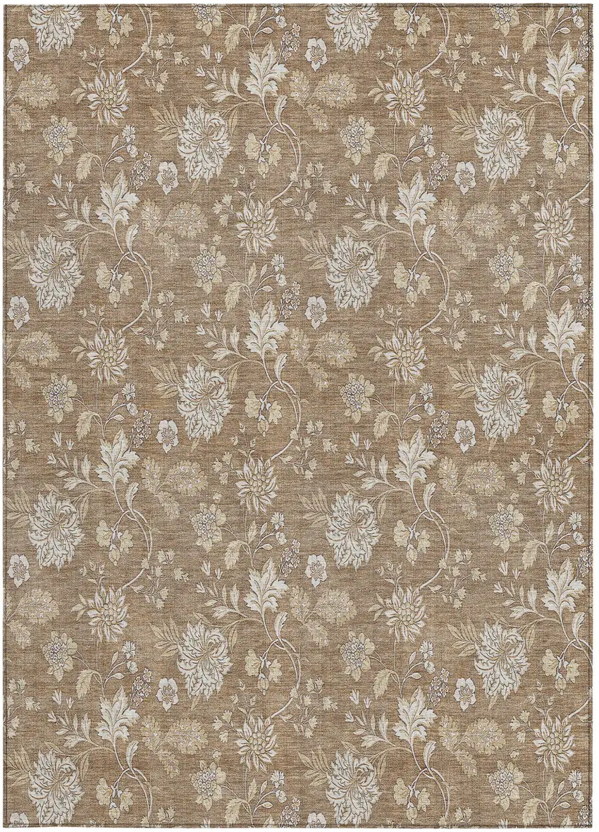 Copper And Beige Floral Washable Indoor Outdoor Area Rug Photo 7