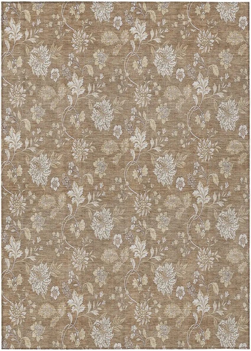 Copper And Beige Floral Washable Indoor Outdoor Area Rug Photo 2