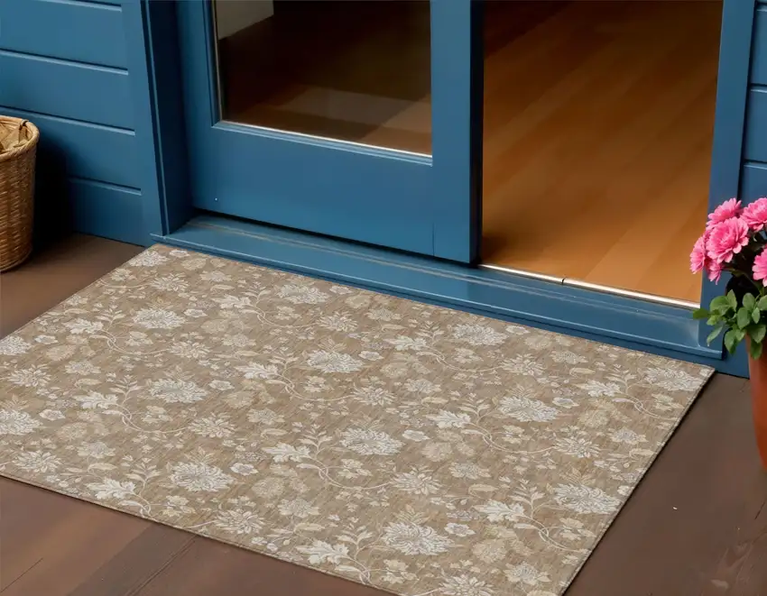 Copper And Beige Floral Washable Indoor Outdoor Area Rug Photo 1