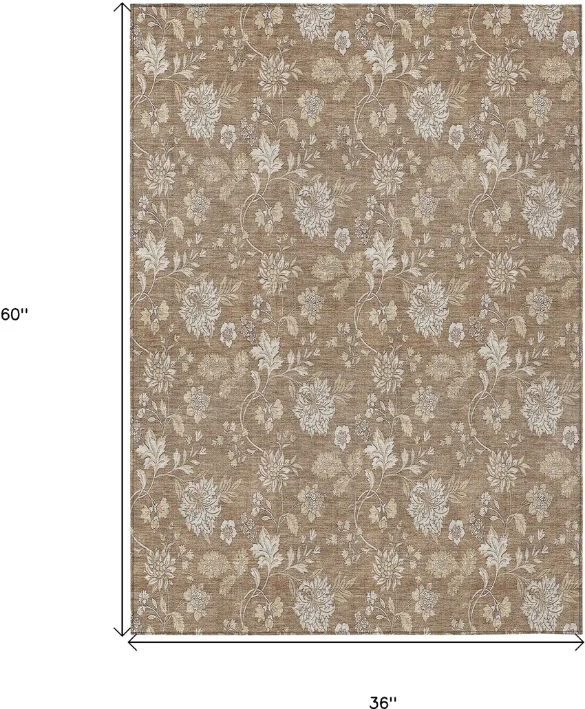 Copper And Beige Floral Washable Indoor Outdoor Area Rug Photo 3