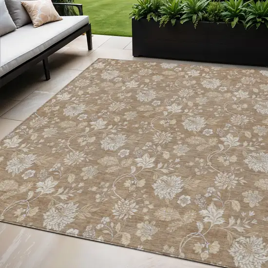 Copper And Beige Floral Washable Indoor Outdoor Area Rug Photo 1
