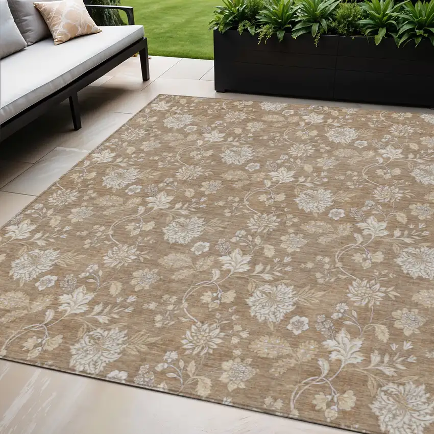 Copper And Beige Floral Washable Indoor Outdoor Area Rug Photo 1