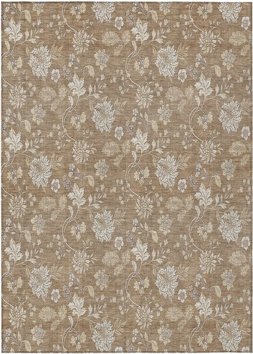 Copper And Beige Floral Washable Indoor Outdoor Area Rug Photo 2
