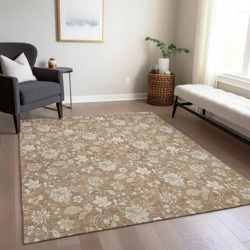 Copper And Beige Floral Washable Indoor Outdoor Area Rug Photo 9