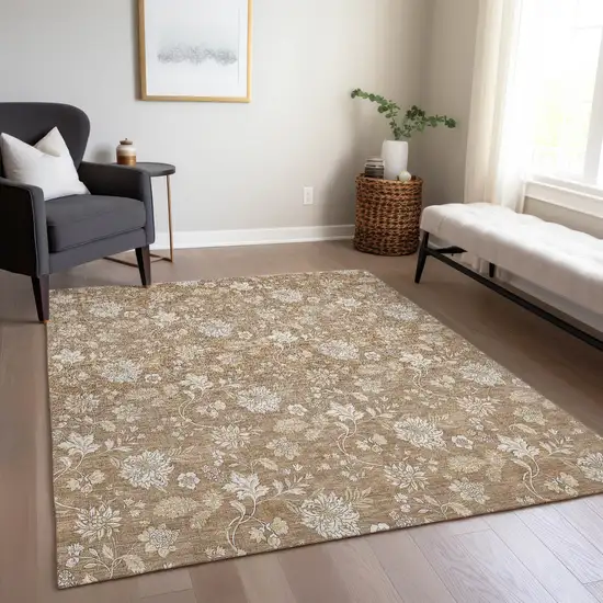 Copper And Beige Floral Washable Indoor Outdoor Area Rug Photo 9