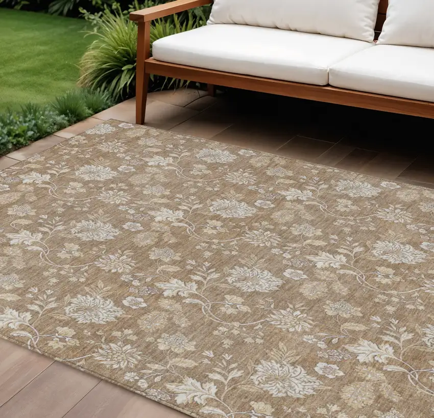 Copper And Beige Floral Washable Indoor Outdoor Area Rug Photo 1