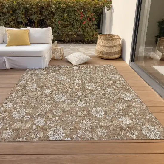 Copper And Beige Floral Washable Indoor Outdoor Area Rug Photo 7