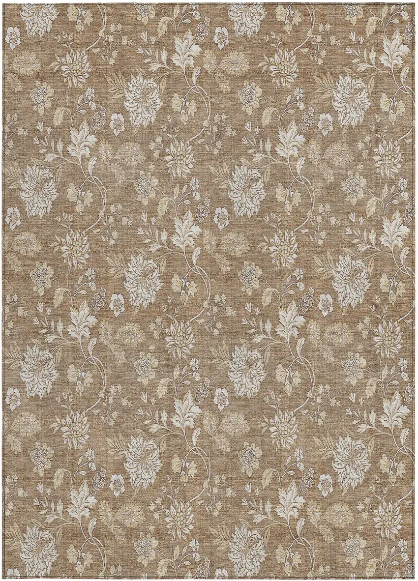 Copper And Beige Floral Washable Indoor Outdoor Area Rug Photo 6