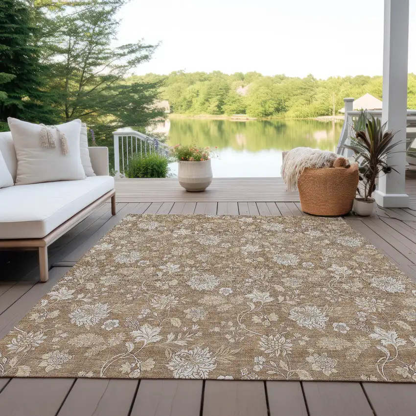 Copper And Beige Floral Washable Indoor Outdoor Area Rug Photo 9