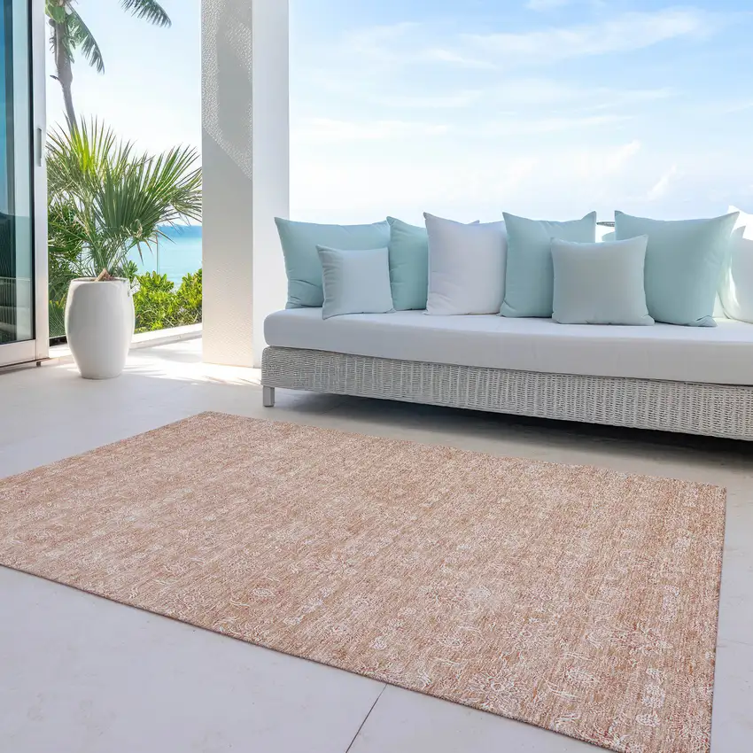 Copper And Beige Floral Washable Indoor Outdoor Area Rug Photo 8