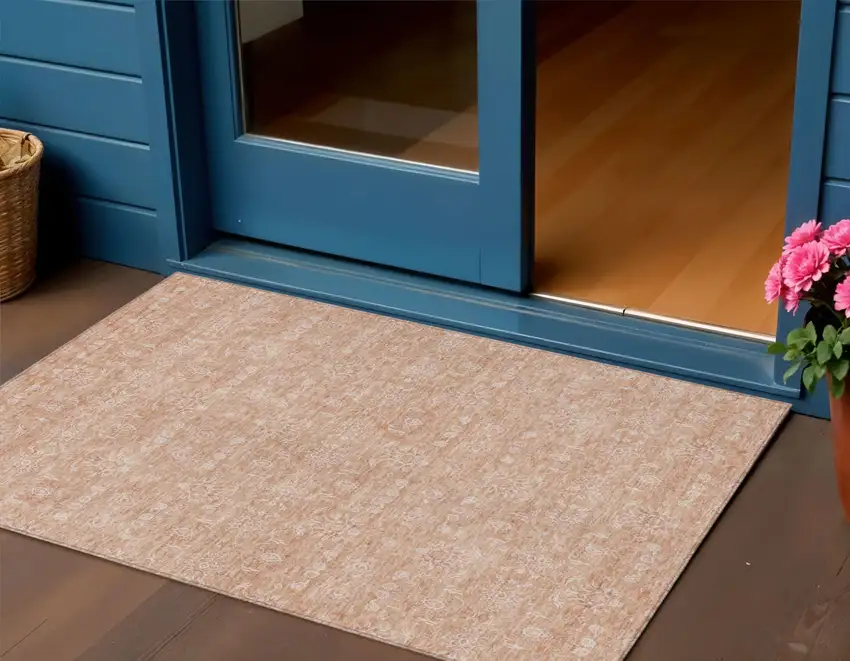Copper And Beige Floral Washable Indoor Outdoor Area Rug Photo 1