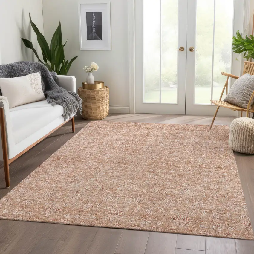 Copper And Beige Floral Washable Indoor Outdoor Area Rug Photo 6