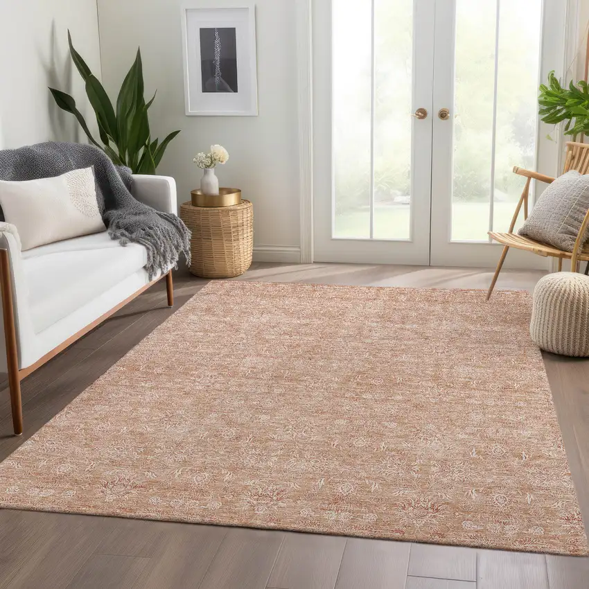 Copper And Beige Floral Washable Indoor Outdoor Area Rug Photo 6