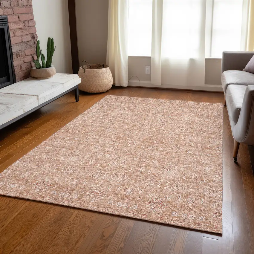 Copper And Beige Floral Washable Indoor Outdoor Area Rug Photo 7