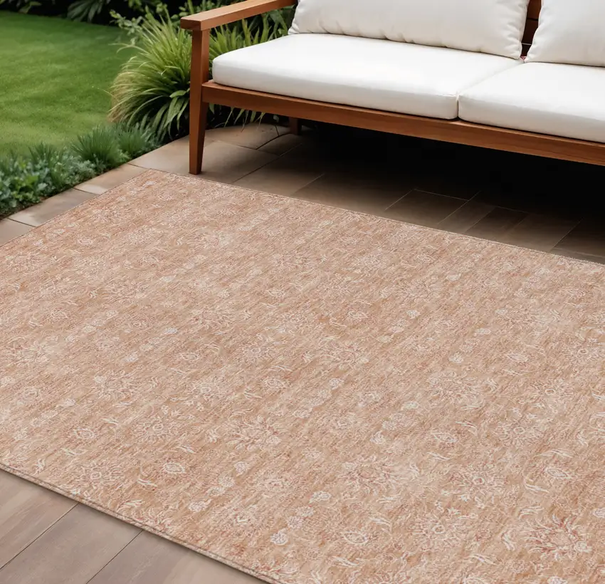 Copper And Beige Floral Washable Indoor Outdoor Area Rug Photo 1