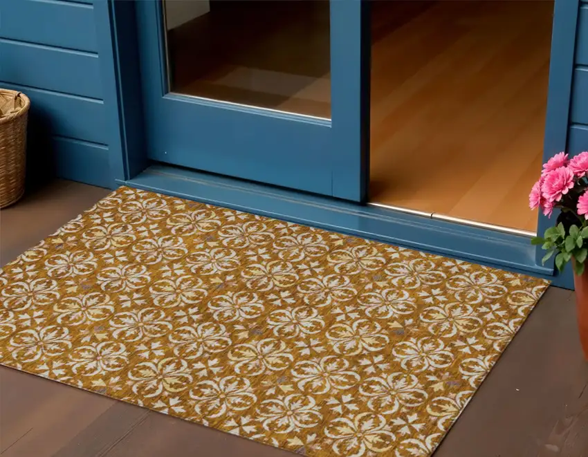Copper And Beige Floral Washable Indoor Outdoor Area Rug Photo 1