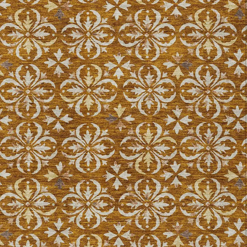 Copper And Beige Floral Washable Indoor Outdoor Area Rug Photo 5
