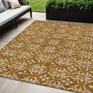 Photo of Copper And Beige Floral Washable Indoor Outdoor Area Rug
