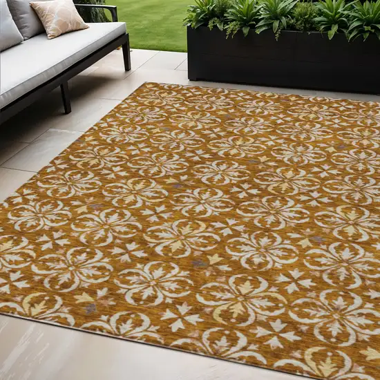 Copper And Beige Floral Washable Indoor Outdoor Area Rug Photo 1