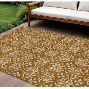 Photo of Copper And Beige Floral Washable Indoor Outdoor Area Rug