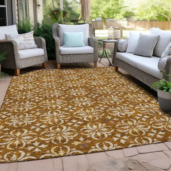 Copper And Beige Floral Washable Indoor Outdoor Area Rug Photo 7