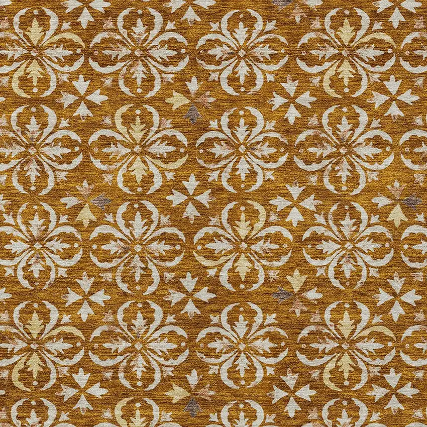 Copper And Beige Floral Washable Indoor Outdoor Area Rug Photo 5