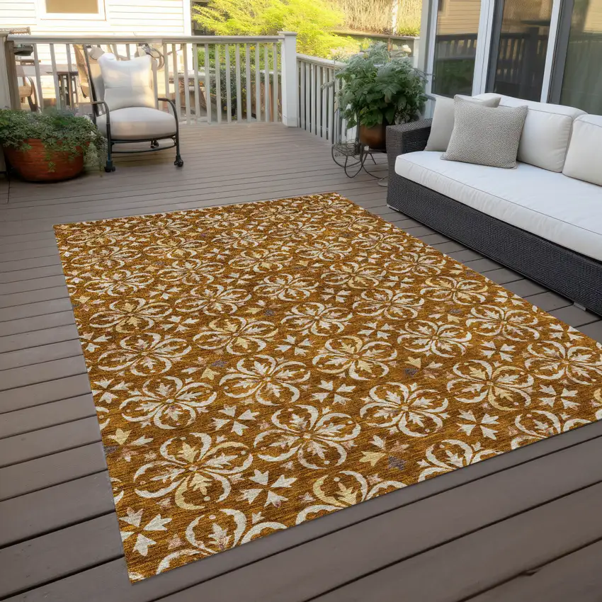 Copper And Beige Floral Washable Indoor Outdoor Area Rug Photo 9