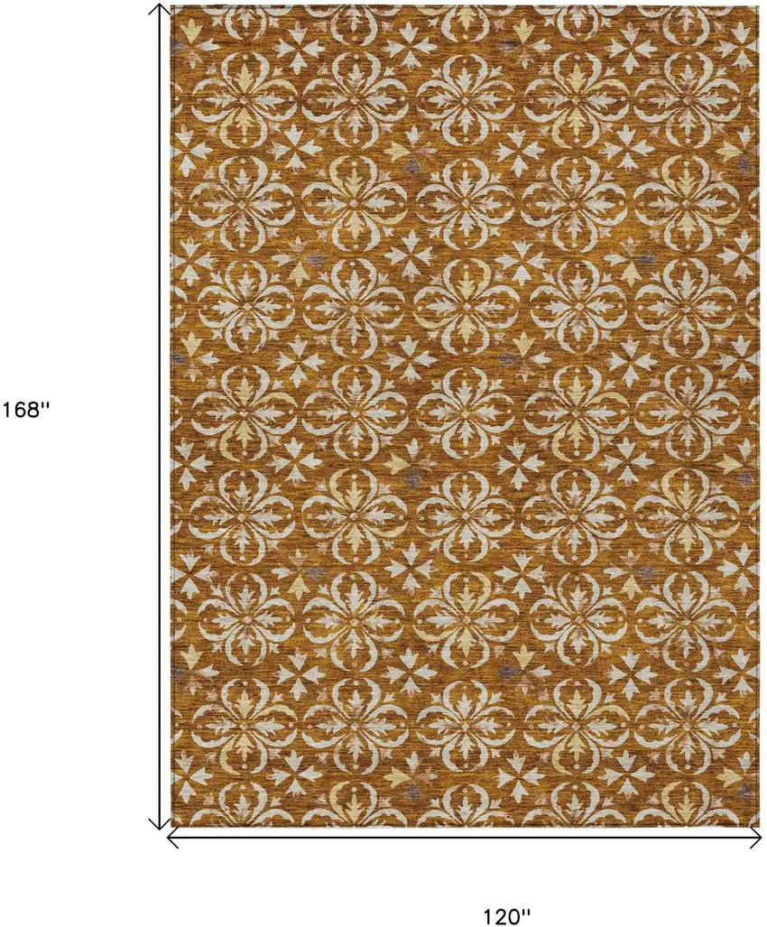 Copper And Beige Floral Washable Indoor Outdoor Area Rug Photo 3