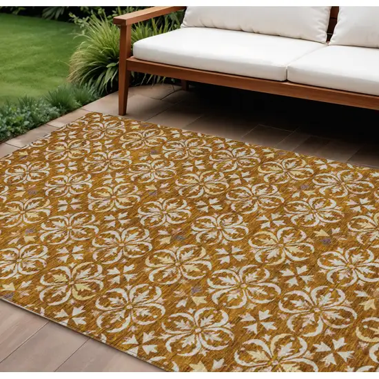 Copper And Beige Floral Washable Indoor Outdoor Area Rug Photo 1