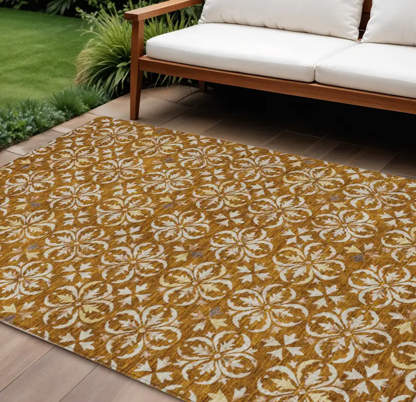 Copper And Beige Floral Washable Indoor Outdoor Area Rug Photo 1