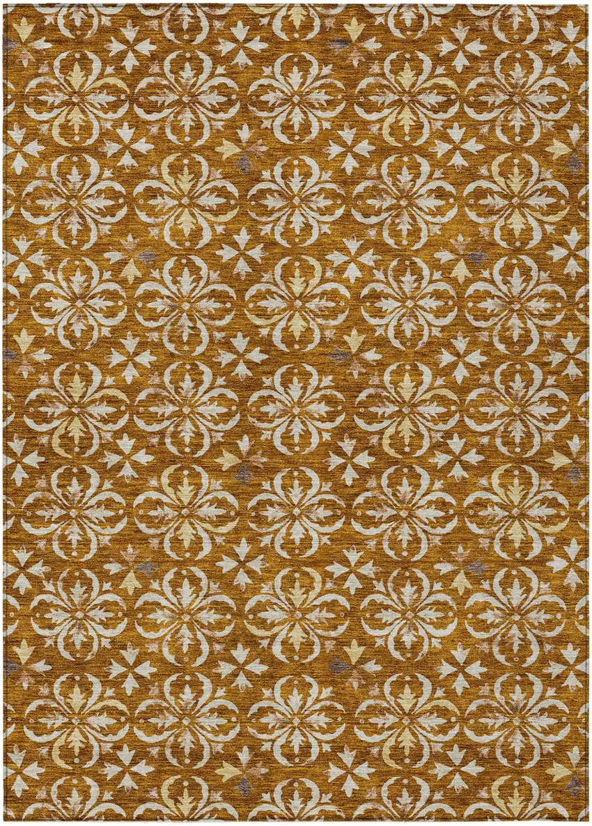 Copper And Beige Floral Washable Indoor Outdoor Area Rug Photo 2