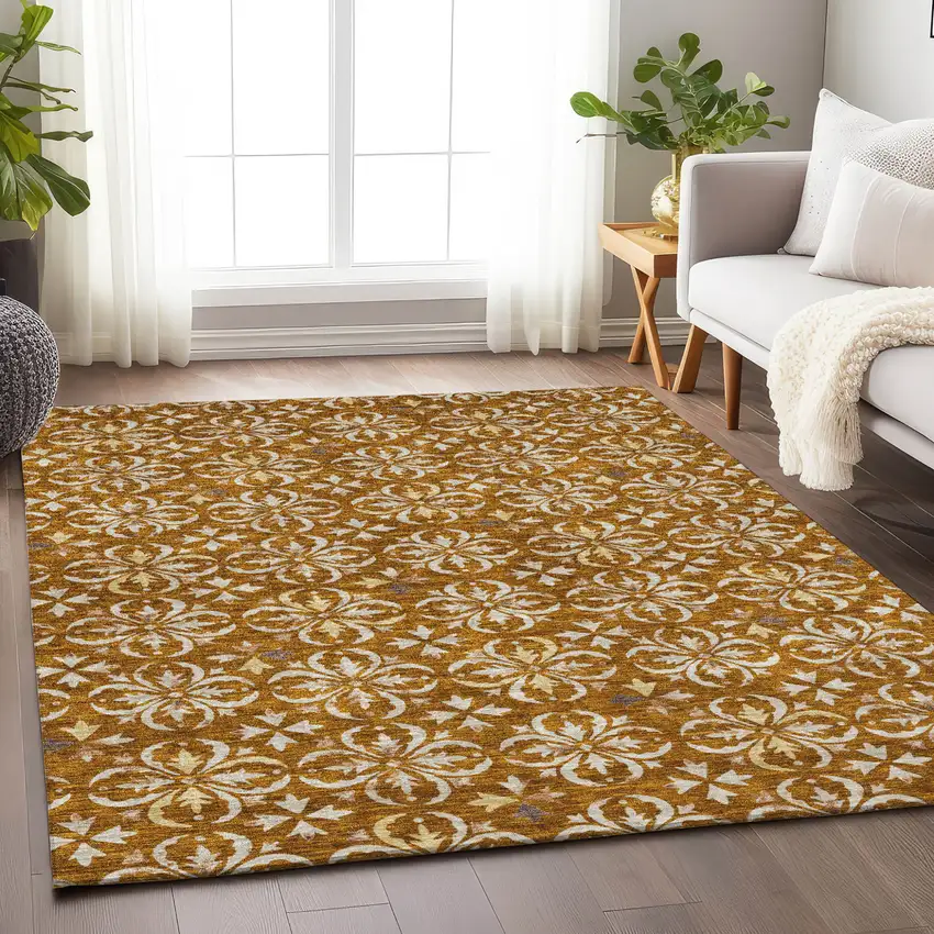 Copper And Beige Floral Washable Indoor Outdoor Area Rug Photo 8