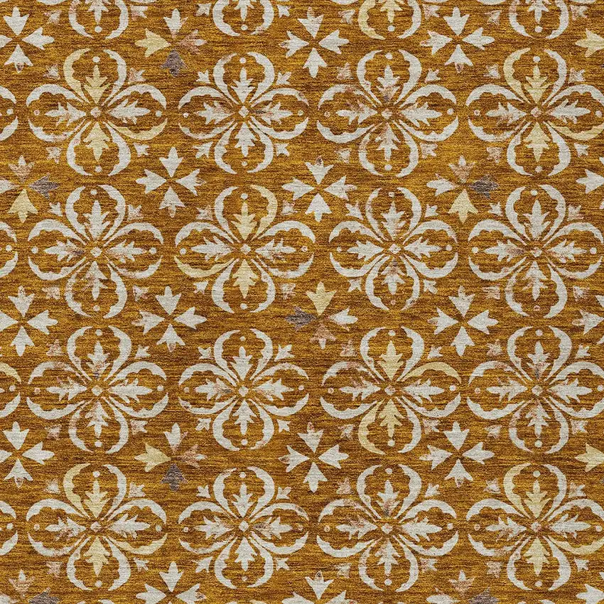Copper And Beige Floral Washable Indoor Outdoor Area Rug Photo 5