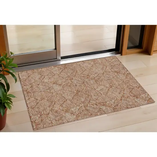 Copper And Beige Floral Washable Indoor Outdoor Area Rug Photo 1