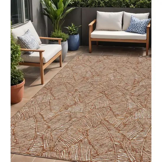 Copper And Beige Floral Washable Indoor Outdoor Area Rug Photo 1