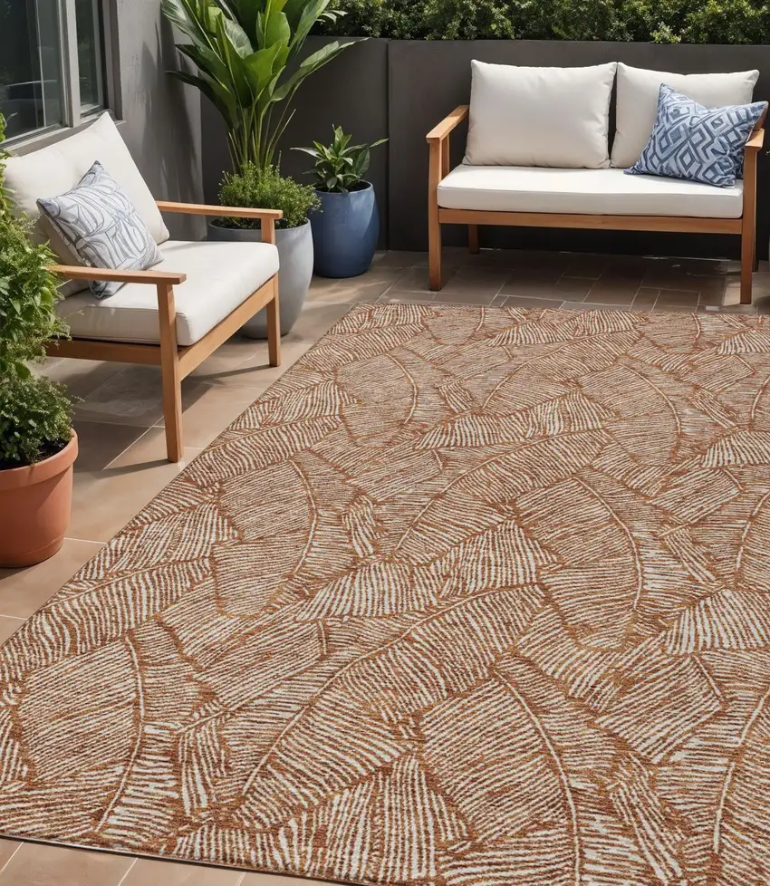 Copper And Beige Floral Washable Indoor Outdoor Area Rug Photo 1