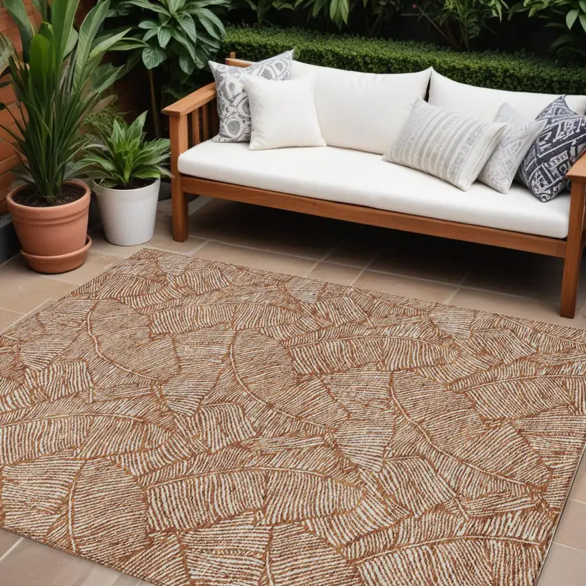Copper And Beige Floral Washable Indoor Outdoor Area Rug Photo 1