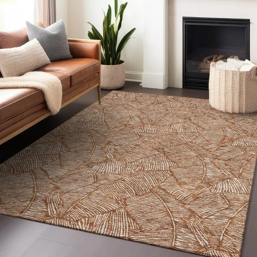 Copper And Beige Floral Washable Indoor Outdoor Area Rug Photo 9