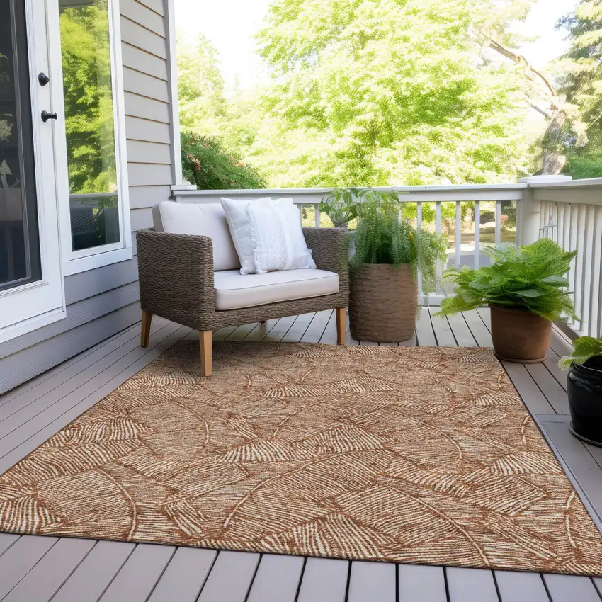 Copper And Beige Floral Washable Indoor Outdoor Area Rug Photo 9